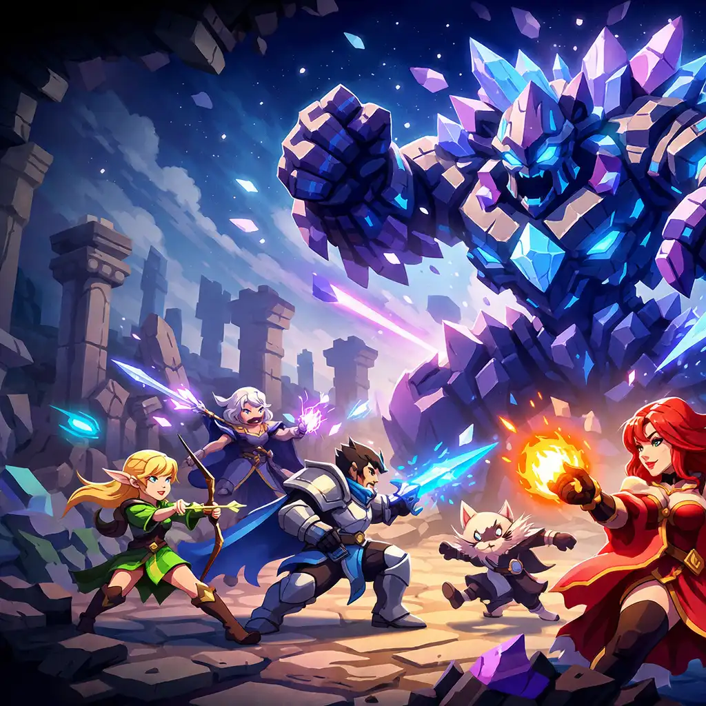 Epicka scena bitwy w Calibria: Crystal Guardians – bohaterowie fantasy walczą z kryształowym golemem w starożytnych ruinach